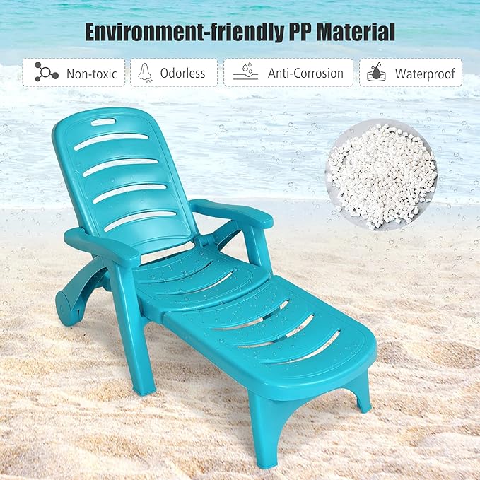 Moccha Folding Chaise Lounge Chair - Plastic Patio Lounger w/ 2 Rolling Wheels, 5-Adjustable Positions, Armrests, Outdoor Lounge Recliner for Poolside Yard Garden Sunbathing Beach Chair (1, Turquoise)