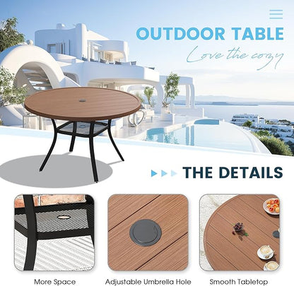 Patio Dining Table for 4-6, Round Metal Outdoor Table with 1.57" Umbrella Hole, 47" Outdoor Slat Tabletop Dining Table for Backyard, Porch, Lawn, Walnut