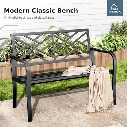 MFSTUDIO 43.7 Inches Outdoor Garden Bench, Cast Iron Metal Frame Patio Park Outside Benches with Geometric Pattern Backrest for Front Porch, Black