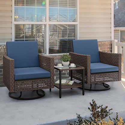 YITAHOME Outdoor Swivel Chair 3 Pieces, Wicker Patio Furniture, Porch Furniture, Swivel Wicker Patio Chairs with Rattan Side Table, Thickened Cushions for Porch, and Yard, Blue