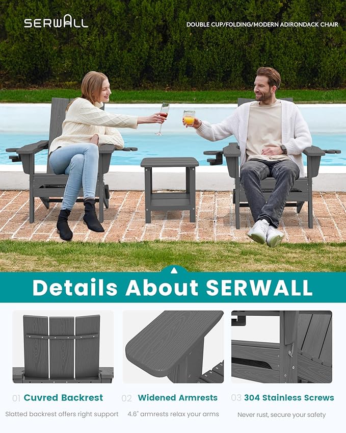 SERWALL Modern Folding Adirondack Chair Set 4, Outdoor, Relaxing, Grey, Polyethylene, Wood Finish, Arm Rest, Cup Holders - Photo 3