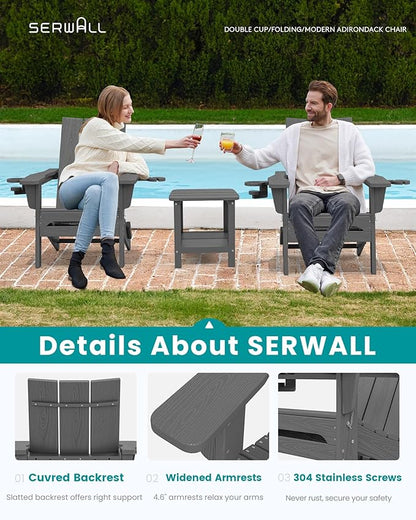 SERWALL Modern Folding Adirondack Chair Set 4, Outdoor, Relaxing, Grey, Polyethylene, Wood Finish, Arm Rest, Cup Holders