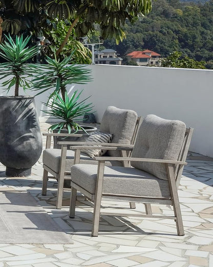 Aluminum Patio Furniture Set, 3 Pieces Outdoor Patio Bistro Set with Washable Thick Cushions, All Weather Patio Conversation Set with Coffee Table for Porch, Balcony, Lawn, White Oak
