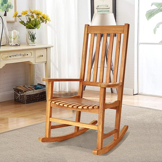 Tangkula Acacia Wood Porch Rocking Chair, Wooden Rocking Chair Rocker with High Back & Armrest for Indoor Outdoor Use, Patio Rocker for Garden Lawn Balcony Backyard Poolside (1, Teak)