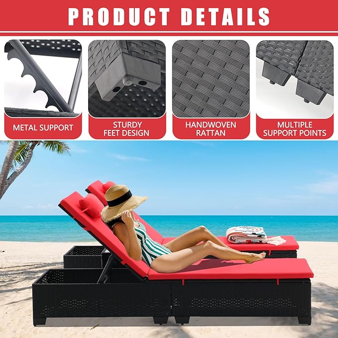 3 PCS Patio Chaise Lounge with Coffee Table Cushion&Pillow Outdoor Lounge Chair Chaise Lounger Patio Reclining Chair 5 Angle Adjustment Black PE Rattan for Courtyards Poolside Garden(red)