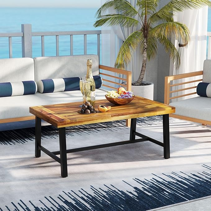 Tangkula Outdoor Acacia Wood Coffee Table, Rectangle Rustic Accent Table with Thickened Top & Heavy-Duty Metal Legs - Photo 2