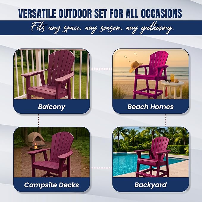 Phat Tommy Tall Adirondack Chair - HDPE Outdoor Furniture - Poly Adirondack Bar Stool - Heavy, Stress Free Furniture for Balcony, Deck, Patio, Front Porch, Dark Red