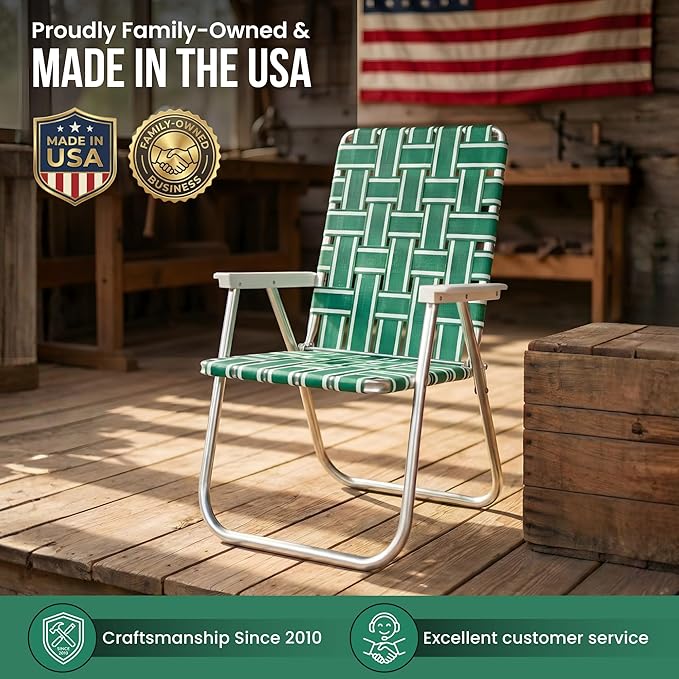 Lawn Chair USA Folding Aluminum Outdoor Patio Lawn Chair | Heavy-Duty Webbed Chairs for Camping, Sports, Beach, Yard & Tailgating | Lightweight Portable | Classic - Green and White with White Arms