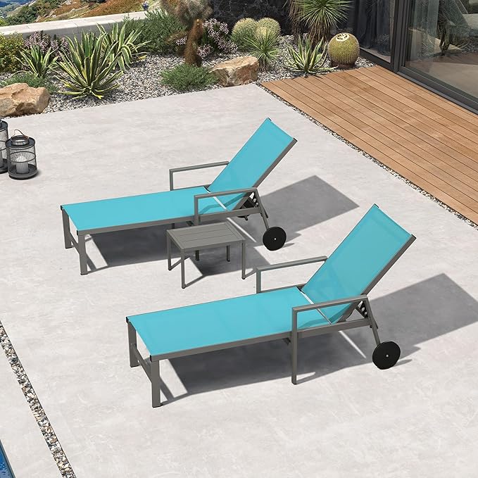 PURPLE LEAF Outdoor Chaise Lounge Set for 2 Aluminum Patio Chaise Lounger Chairs with Armrest and Wheels Adjustable Pool Chaise Lounge Chair for Beach Backyard Deck Poolside Table Included, Blue
