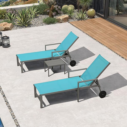 PURPLE LEAF Outdoor Chaise Lounge Set for 2 Aluminum Patio Chaise Lounger Chairs with Armrest and Wheels Adjustable Pool Chaise Lounge Chair for Beach Backyard Deck Poolside Table Included, Blue