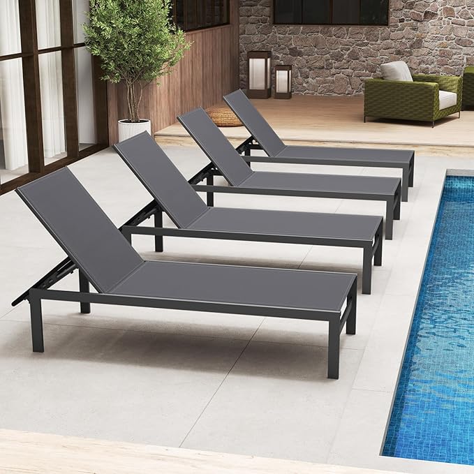 HAPPYGRILL Aluminum Chaise Lounge Chair, Heavy-Duty Patio Recliner W/ 6-Level Backrest & Breathable Fabric, Outdoor Lightweight Reclining Lounge Chair for Backyard, Poolside, Porch (1, Grey)