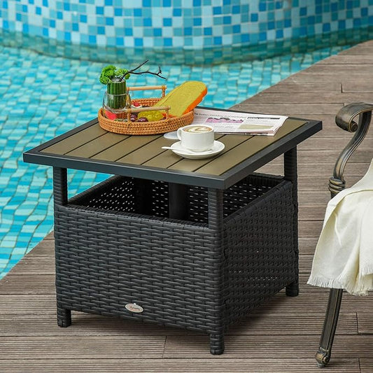 Outsunny 22" Outdoor Side Table with Umbrella Hole, Rattan Wicker End Table with Sand Bag and Steel Frame for Outdoor, Patio, Garden, Backyard, Black & Tan