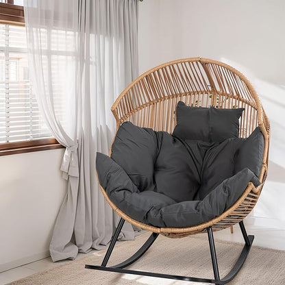 Shintenchi Wicker Egg Chair,Outdoor Indoor Rocking Chair,Large PE Rattan Rocking Chair with Cushion for Patio, Balcony, Backyard, Garden,Deep Grey