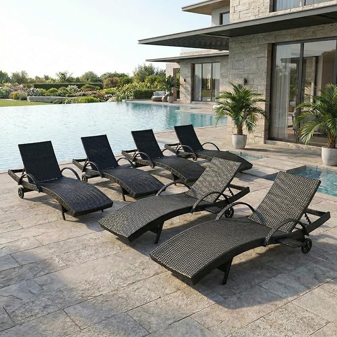 Set of 6 Outdoor Chaise Lounge Chairs with Wheels, Pull-Out Side Table, 5-Position Adjustable Backrest - Photo 1