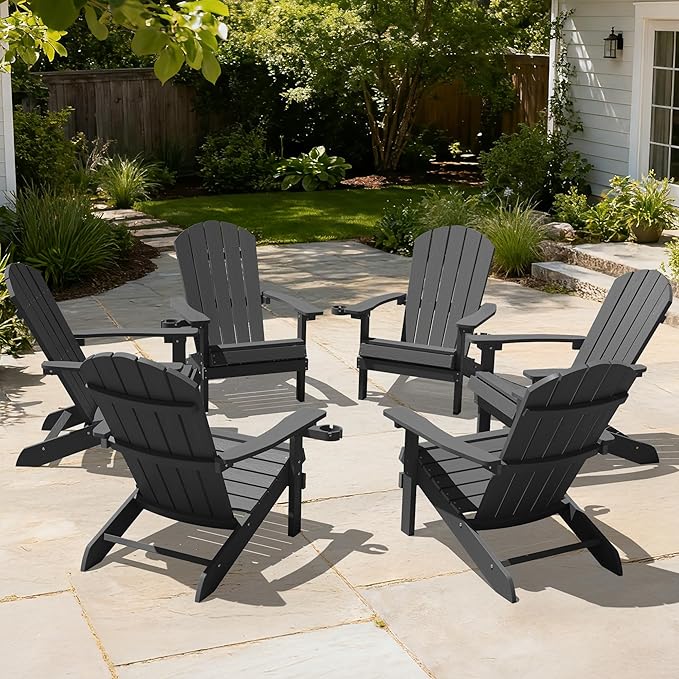 YEFU Adirondack Chairs Set of 6: Plastic Adirondack Chairs - Patio Chairs with Wood Texture - Outdoor Chair HIPS - Lawn Fire Pit Deck Porch Garden Chairs for Adults (Dark Grey)