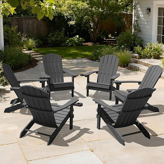 YEFU Adirondack Chairs Set of 6: Plastic Adirondack Chairs - Patio Chairs with Wood Texture - Outdoor Chair HIPS - Lawn Fire Pit Deck Porch Garden Chairs for Adults (Dark Grey)