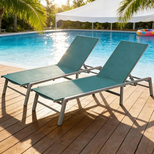 Kozyard 2-Pack Outdoor Lounge Chairs, Foldable Aluminum Frame Patio Chaise Lounge with 5-Position Adjustable Backrest, No Assembly, Breathable Textilene Fabric for Poolside Beach (MintGreen, No Table)