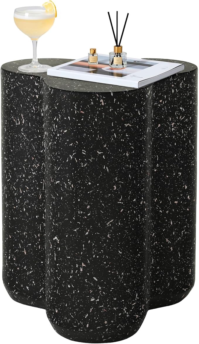 18" Modern Outdoor Side Table, Durable Lightweight MGO Faux Terrazzo Patio Accent Table, Black Coffee Table - Photo 3