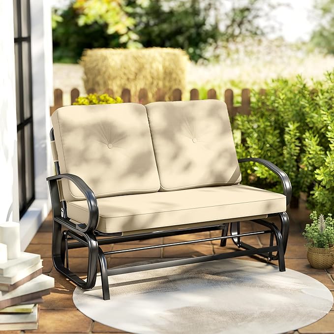 Outsunny Outdoor Glider Bench, 2-Person Patio Rocker Loveseat with Tufted Cushions, Steel Frame for Porch, Garden Backyard, Beige