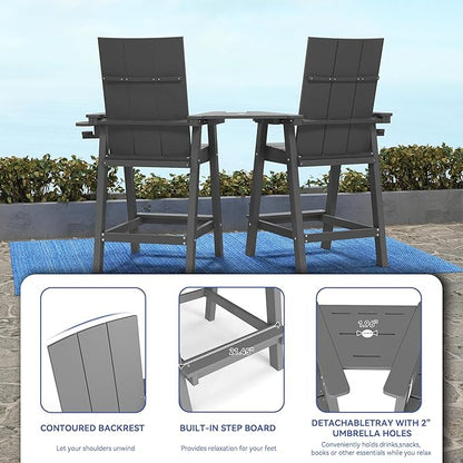 FOOWIN Tall Adirondack Chairs Set of 2,HDPE Adirondack Bar Stools with Connecting Tray & Cup Holders,Weather Resistant Balcony Chair for Outdoor Deck Lawn Pool Backyard Grey