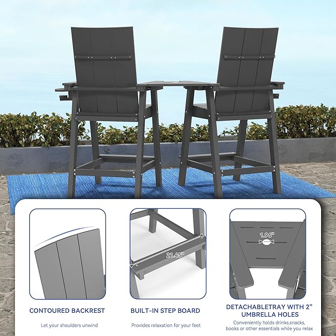 FOOWIN Tall Adirondack Chairs Set of 8,HDPE Adirondack Bar Stools with Connecting Tray & Cup Holders,Weather Resistant Balcony Chair for Outdoor Deck Lawn Pool Backyard Grey
