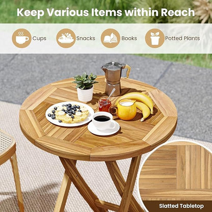 Tangkula 27.5" Teak Wood Patio Dining Table, Round Outdoor Bistro Table with Slatted Tabletop, Sturdy X-Shaped Frame, Wood Outside Table for Backyard, Poolside, Garden, Lawn, Natural