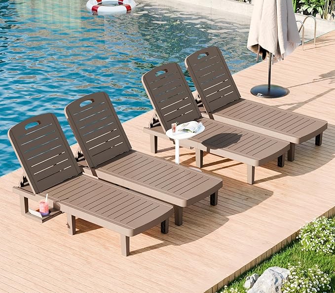 WACASA Outdoor Chaise Lounge Chairs Set of 2, Oversized Lounge Chairs with 5-Level Adjustable Backrest & Cup Holder, Resin Waterproof Pool Lounge Chair for Patio, Beach, Yard, Taupe