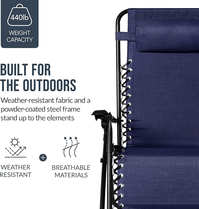 Best Choice Products Set of 2 Extra Wide Adjustable Steel Mesh Zero Gravity Lounge Chair Recliners w/Pillows and Cup Holder Trays - Navy