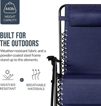 Best Choice Products Set of 2 Extra Wide Adjustable Steel Mesh Zero Gravity Lounge Chair Recliners w/Pillows and Cup Holder Trays - Navy