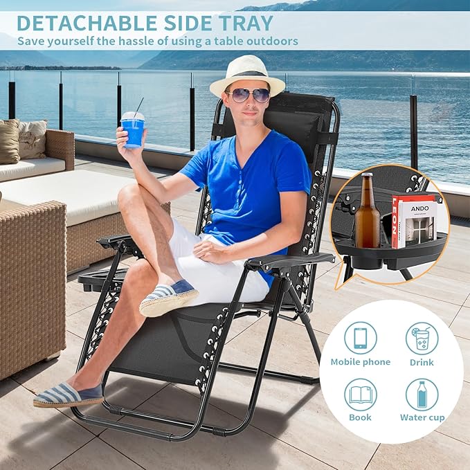 Zero Gravity Chair Set of 2, Folding Reclining Zero Gravity Recliner Lounge Chair 330lbs with Pillow and Cup Holder Trays, Steel Mesh Outdoor recliners for Patio Poolside Backyard Beach (Black)