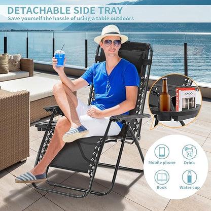Zero Gravity Chair Set of 2, Folding Reclining Zero Gravity Recliner Lounge Chair 330lbs with Pillow and Cup Holder Trays, Steel Mesh Outdoor recliners for Patio Poolside Backyard Beach (Black)