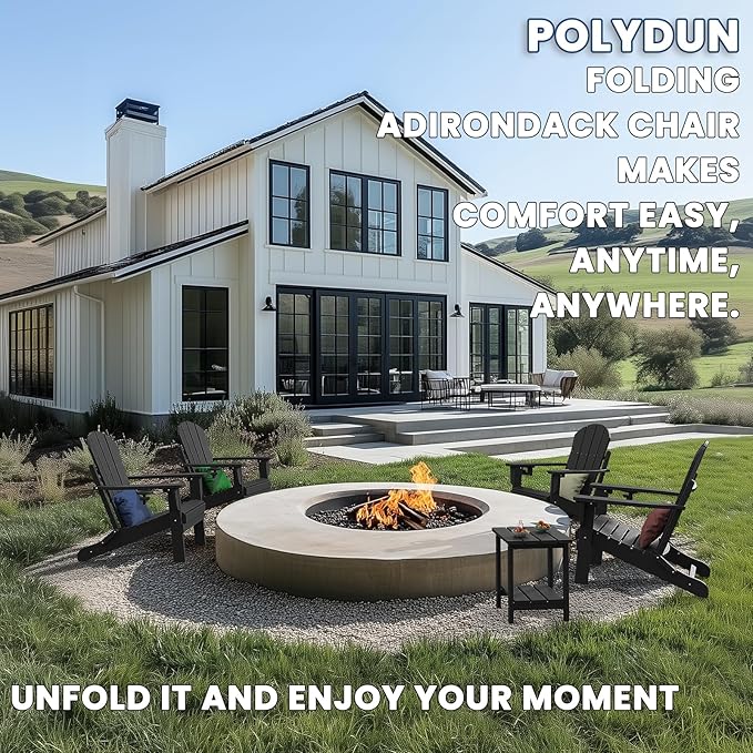 Adirondack Chair with Cup Holder, Folding HDPE Patio Chairs, Outdoor Plastic Fire Pit Chair, Wood Texture, Lawn Chairs for Deck, Porch, Backyard, Garden, Black