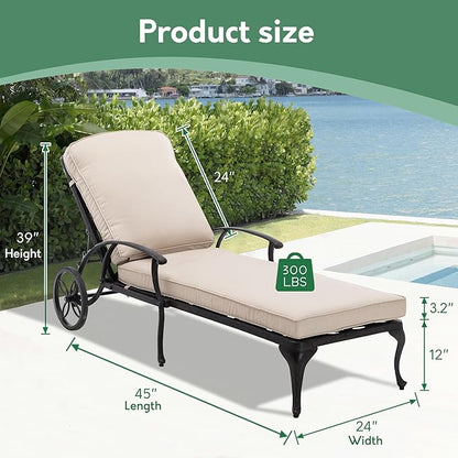 Chaise Lounge Chair Outdoor- Patio Pool Chairs Tanning Lounges for Outside Beach Lounger Cast Aluminum Set of 2 Reclining Beige with Side Table