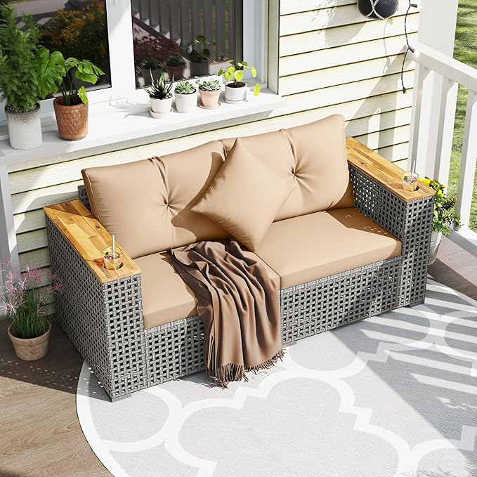 Tangkula 62.5" Large Patio Wicker Loveseat with Acacia Wood Armrests & Cup Holders, Outdoor 2-Piece Rattan Corner Sofa with Cushions, Sectional Conversation Set for Garden Backyard Porch Balcony