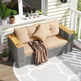Tangkula 62.5" Large Patio Wicker Loveseat with Acacia Wood Armrests & Cup Holders - Photo 2