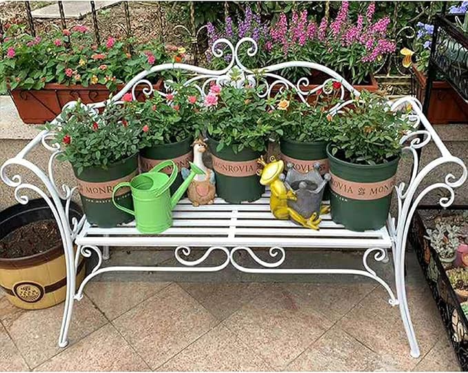 Park Bench Patio Garden Bench Backyard Benches, Metal Garden Bench Seat Park Chair Patio Decoration Furniture, Beautiful Shabby Vintage Outdoor Bench with Backrest (Color : White)
