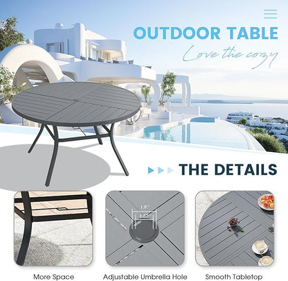 Patio Dining Table for 6-8, Round Metal Outdoor Table with Storage Shelf, 1.57" Umbrella Hole, 53" Outdoor Quartered Tabletop Dining Table for Backyard, Porch, Lawn, Dark Grey