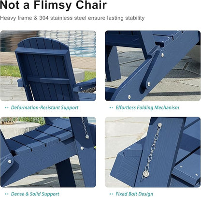 HDPE Foldable Adirondack Outdoor Chair Set of 4 with Cup Holder, Weather Resistant Heavy-Duty Patio Chair for Patio, Backyard, Deck, Fire Pit, Lawn and Porch, Navy Blue