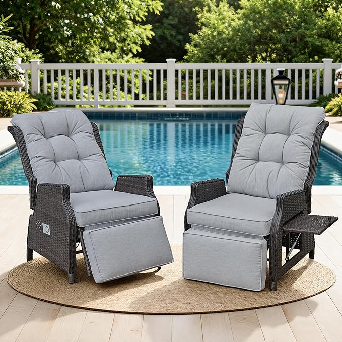 Outdoor Indoor Wicker Recliner with Adjustable Back and Footrest, Patio Reclining Chair with Flip-up Table - Photo 1