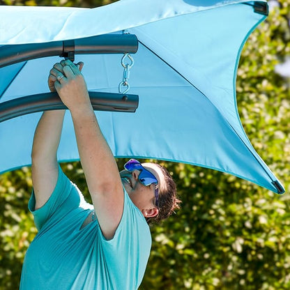 Sunnydaze Floating Chaise Lounger Swing Chair with Umbrella Canopy - Curved Steel Hammock Lounge Chair with Cushion and Pillow - Removable Cushion and Umbrella Shade - 82-Inch Tall - Teal