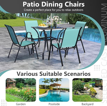 COSTWAY Patio Dining Chairs Set of 2, Stackable Outdoor Chairs with Armrest and High Back, Breathable Fabric & Metal Frame Chair for Garden Poolside Backyard Deck (Turquoise)