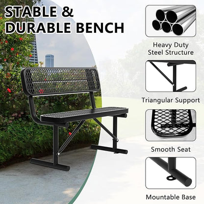 48" Metal Park Benches for Outside - Black Outdoor Benches Heavy Duty Garden Weatherproof Bench with Backrest, Buddy Bench for Schools,Commercial Benches for Shopping Mall, Store, Yard, Patio