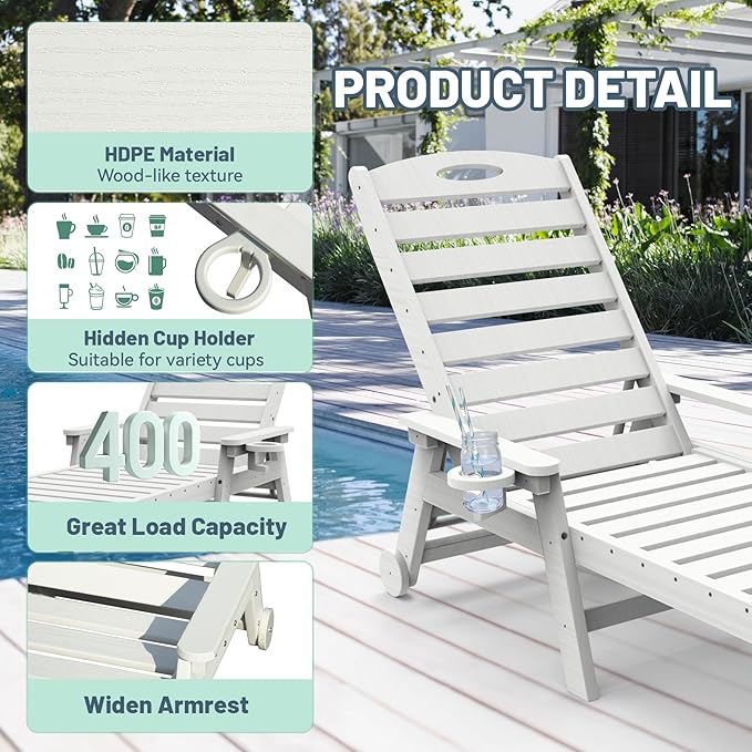 Outdoor Lounge Chairs, 78'' Long Patio Lounge Chair HDPE 5-Position Adjustable with Cup Holder & Rolling Wheels, Pool Lounge Chair for Sunbathing Tanning, Deck, Poolside -White