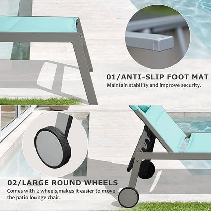 Domi Outdoor Patio Chaise Lounge Set of 3, Aluminum Pool Lounge Chairs with and Wheels, Textilene Padded Adjustable Recliner All Weather for Poolside, Beach, Yard, Balcony (Turquoise Blue)