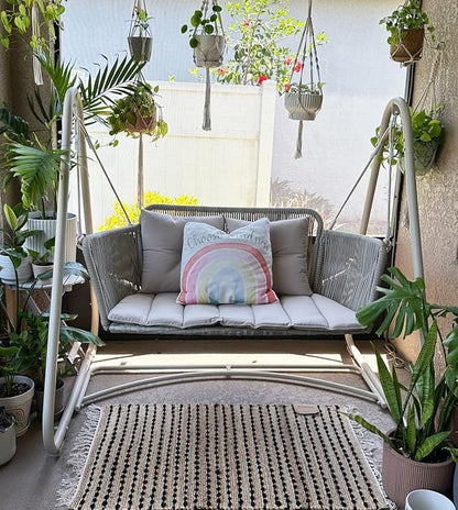 PURPLE LEAF 2-Seat Cloud Swing Chair with Stand Patio Wicker Bench Glider Loveseat Hanging Swinging for Indoor Outside Backyard Garden Outdoor Hammock Porch Swing, Cushion and Pillows Included, Cream