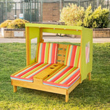 Costzon Kids Lounge Chair Outdoor, Wood Double Seat Chaise Lounge with Canopy, Cup Holders, Cushion, Backrest Recliner - Photo 9