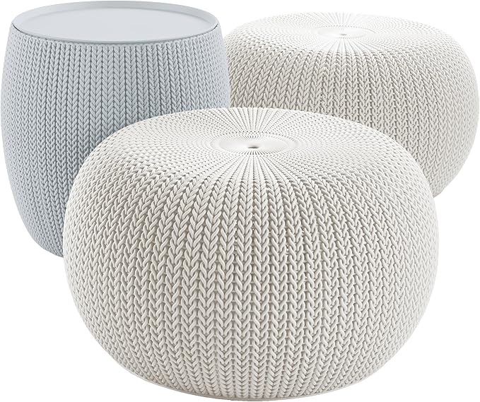 Keter Urban Knit Pouf Ottoman Set of 2 with Storage Table for Patio and Room Décor - Perfect for Balcony, Deck - Photo 1