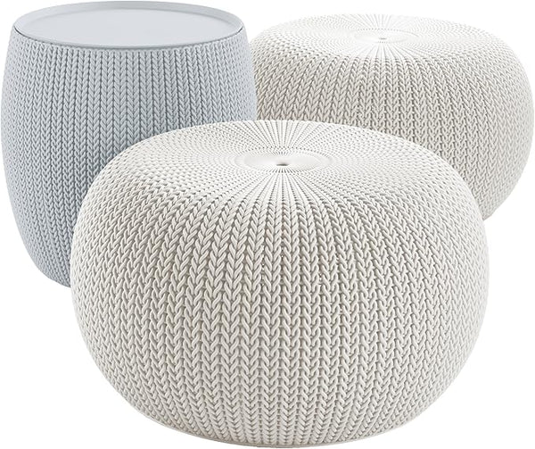 Keter Urban Knit Pouf Ottoman Set of 2 with Storage Table for Patio and Room Décor - Perfect for Balcony, Deck - Photo 1