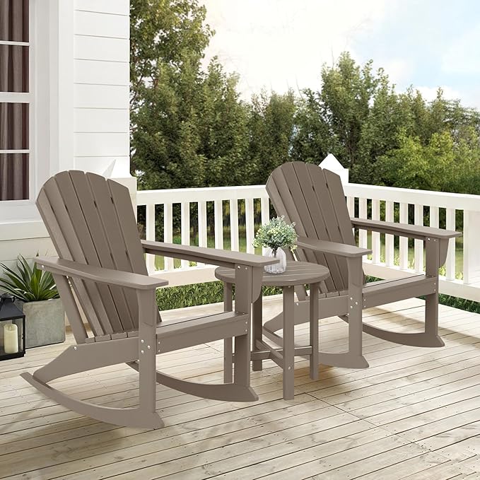 Costaelm Outdoor Adirondack Chair, All Weather Resistant Lawn Chairs Balcony Chair and Fire Pit Chairs, Deck Chairs Outdoor Porch Rocking Chair High Back HDPE Poly Lumber, Weathered Wood