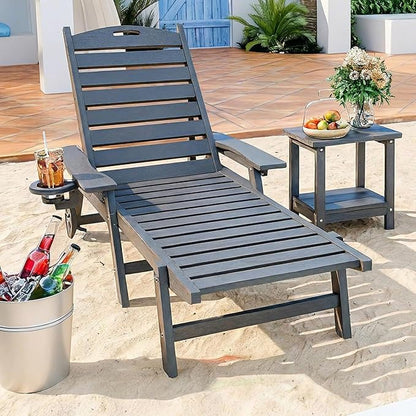 Pamapic 500 LBS Lounge Chair with Coffee Table Set of 2, Wide Armrest Oversized Chaise Lounge Chair with Wheel, 4 Positions Chaise Lounge with Cup Holder, Outdoor Lounge Chairs for Poolsdie, Grey
